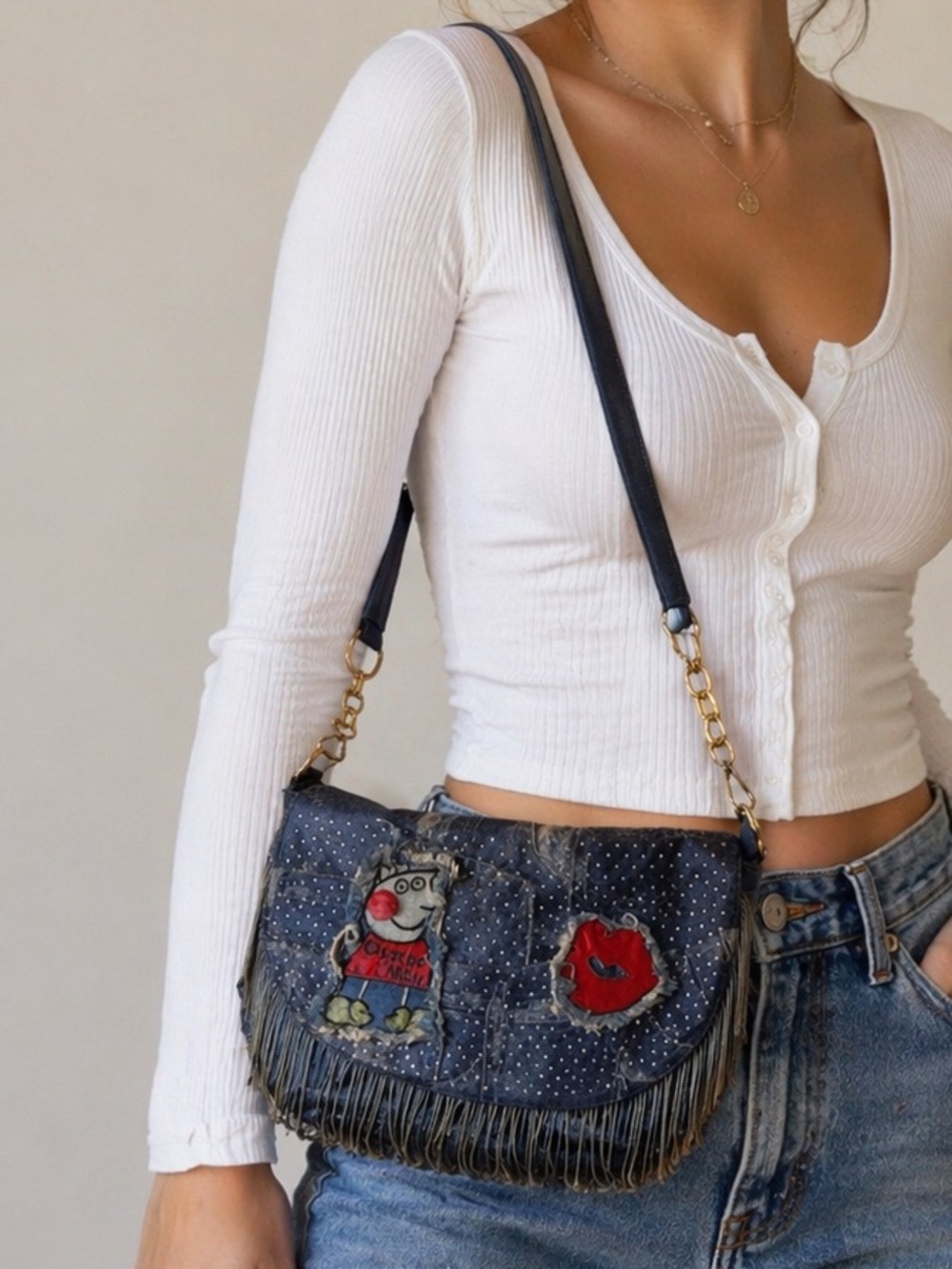 Manocchio Patchwork Denim Print Crossbody Bag